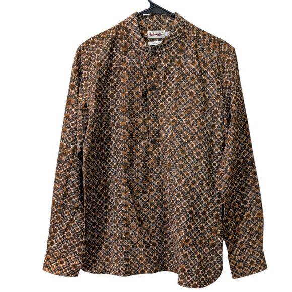 Fabindia Geometric Print Cotton Kurta Shirt Mandarin Collar roll-up tab Slim Fit - Picture 2 of 9